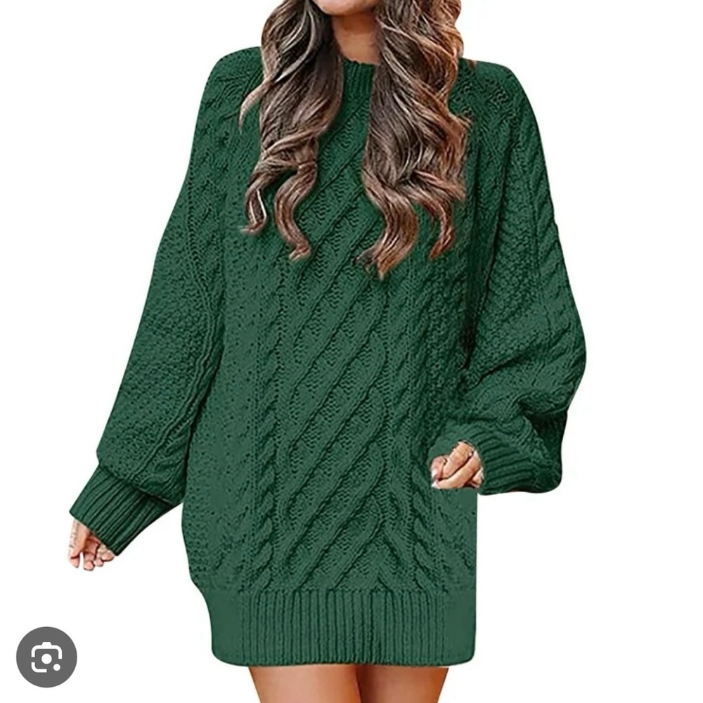 Cozy Green Cable Knit Sweater Dress
